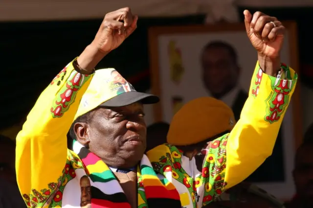 President Emmerson Mnangagwa greets supporters at an election rally in Marondera, Zimbabwe, July 21, 2018