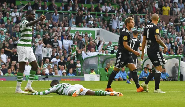 Celtic's Olivier Ntcham is flat out on his back after an appeal for a penalty is turned down