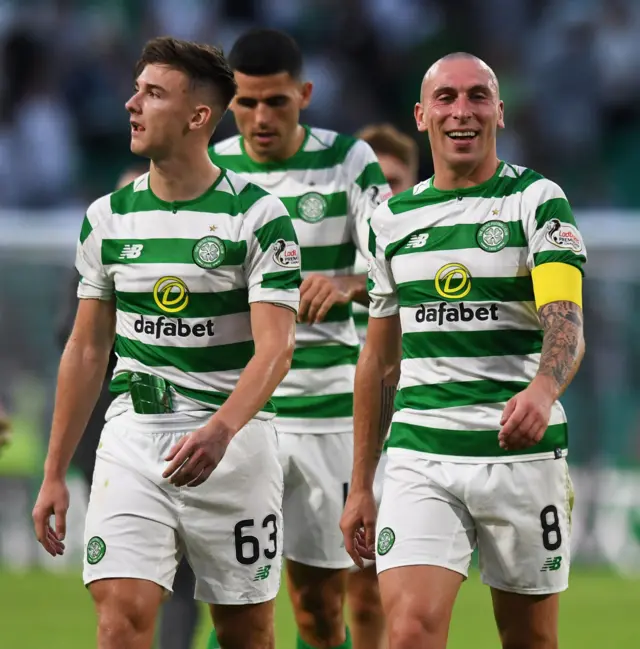 Kieran Tierney and Scott Brown after the 3-1 win over Rosenborg