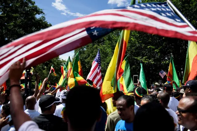 Supporters of Ethiopia's Prime Minister Abiy Ahmed rally for US support outside the State Department on June 26, 2018 in Washington, DC.