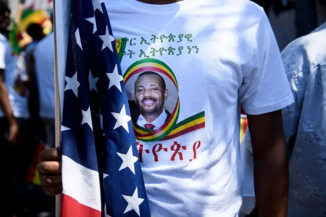 Supporters of Ethiopia's Prime Minister Abiy Ahmed rally for US support outside the State Department on June 26, 2018 in Washington, DC.