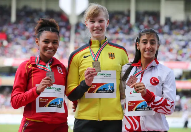 Jael Bestue of Spain, Talea Prepens of Germany and Mizgin Ay of Turkey with their medals in the girls 200m during day 5 of the IAAF World U18 Championship held at Kasarani Stadium on July 16, 2017 in Nairobi, Kenya