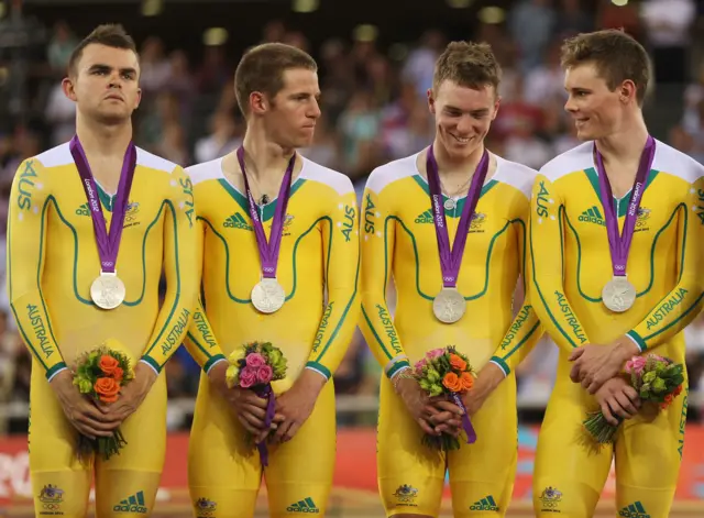 Michael Hepburn, Rohan Dennis, Jack Bobridge and Glenn O'Shea of Australia celebrate with their silver medals in the Men's Team Pursuit Track Cycling final at the London 2012 Olympic Games