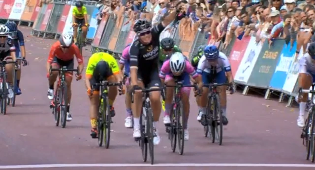 Kirsten Wild celebrates on the finish line