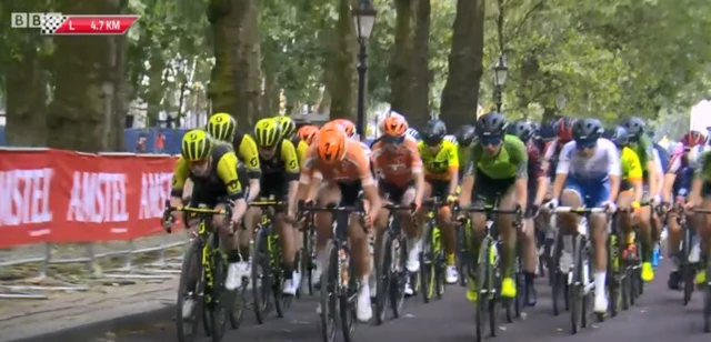 Teams group together in the peleton