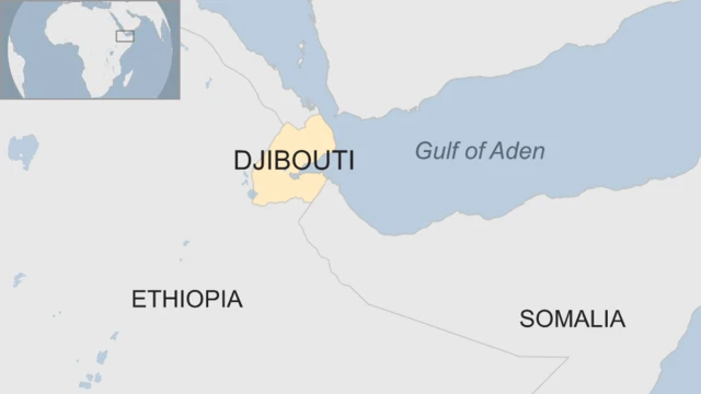 A map showing the location of Djibouti, Ethiopia and Somalia.