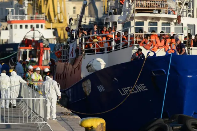 The 'MV Lifeline', a vessel for the German charity Mission Lifeline, arrives with 234 migrants onboard in the harbour of Valletta, Malta, on June 27, 2018