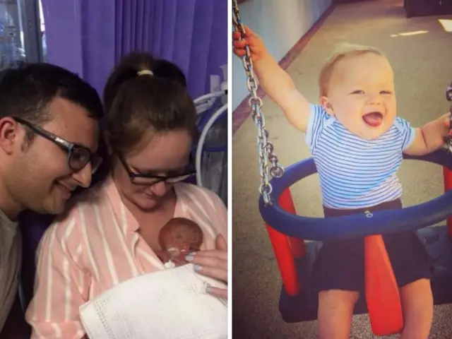 Jon and Katie Jones with their son Ray when her was born, and Ray on a swing at 13 months-old