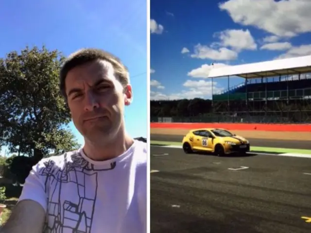 On the left a photo of Kieran Morgan and on the right an image of him racing at Silverstone in 2017