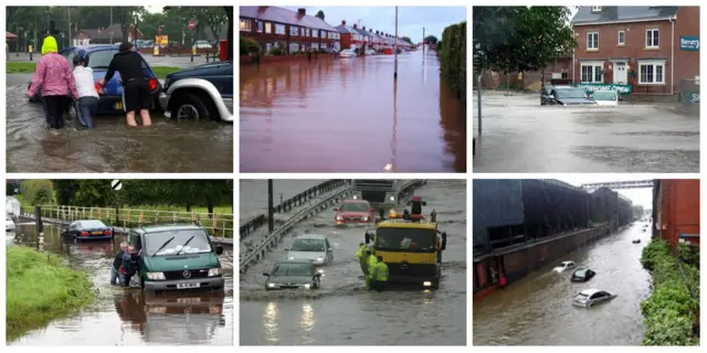 A collection of pictures showing streets in Hull flooded.