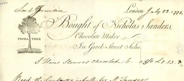 A bill of sale for chocolate powder dating from 1774.