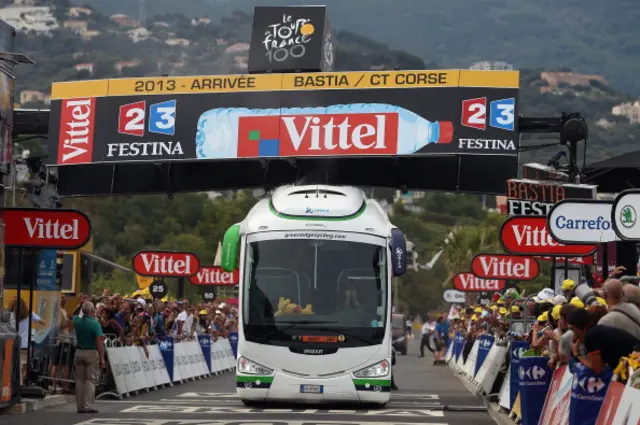 Orica-Greenedge bus gets stuck under banner at Tour de France 2013