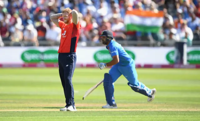 England bowler Ben Stokes reacts