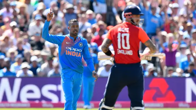 Hardik celebrates dismissing Alex Hales