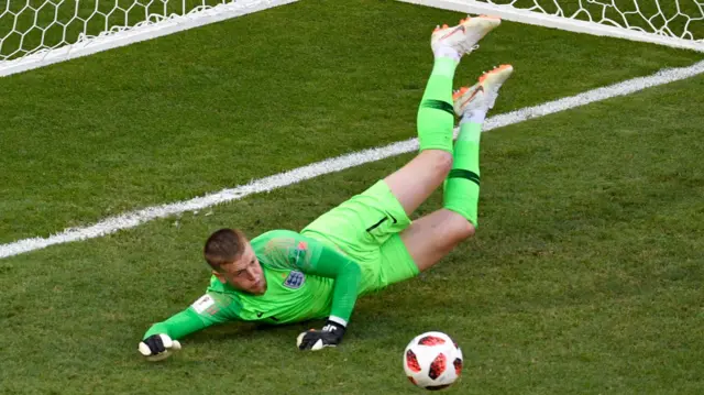 Jordan Pickford saves for England against Sweden in the World Cup quarter-final