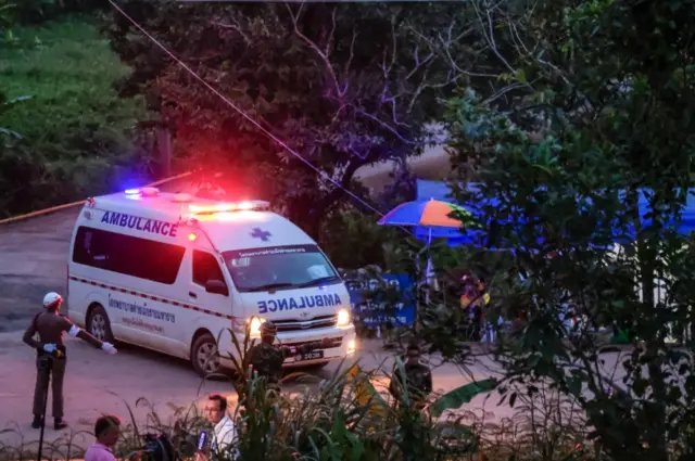 Ambulances carrying the sixth and seventh boys freed from the Tham Luang Nang cave site to a hospital in Chiang Rai