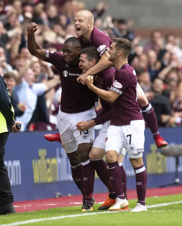 Hearts celebrate Kyle Lafferty's goal