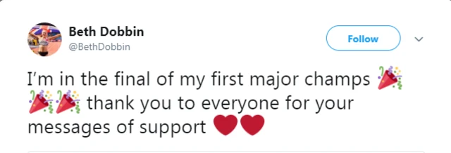 Beth Dobbin tweets a message of thanks