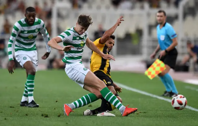 Celtic’s Jack Hendry challenges Athen’s Rodrigo Galo