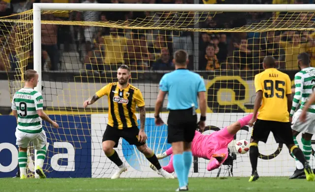 Marko Livaja turns away to celebrate after beating Celtic’s Craig Gordon to score