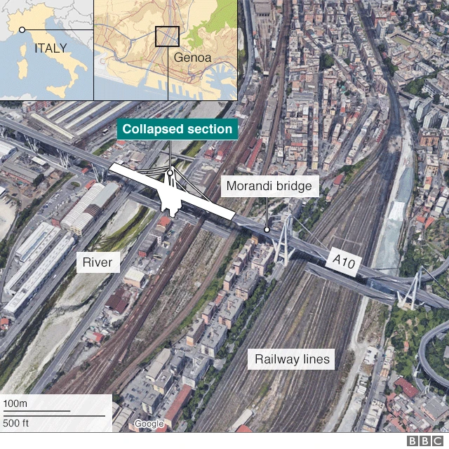 A graphic shows a map of Genoa with the bridge, and its missing section, highlighted