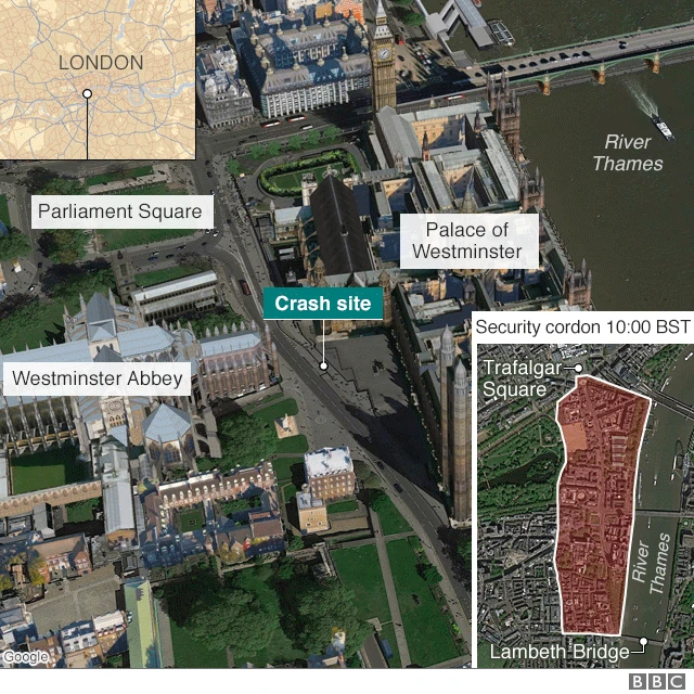 Map of where the crash happened in Westminster