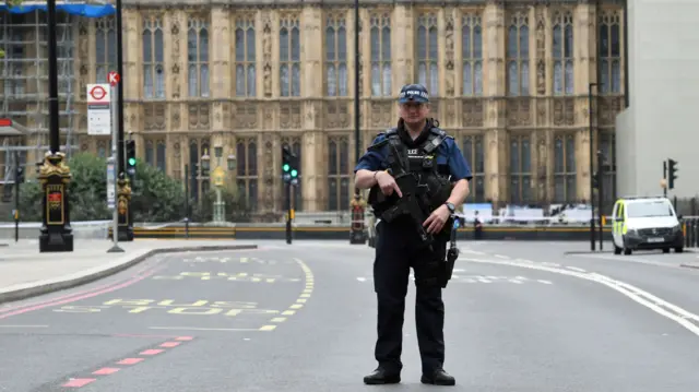 Armed police outside the Houses of Parliament