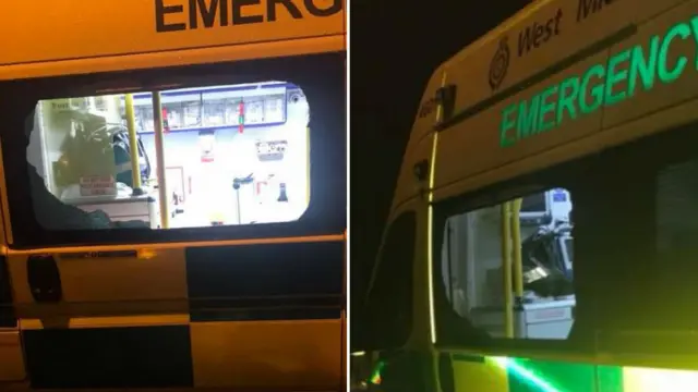 Smashed window of ambulance