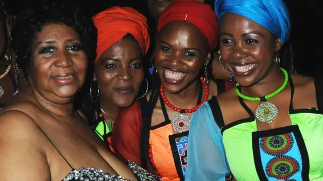 Aretha Franklin and the Soweto Gospel Choir attend the Mandela Day: A 46664 Celebration Concert at Radio City Music Hall on July 18, 2009 in New York City.