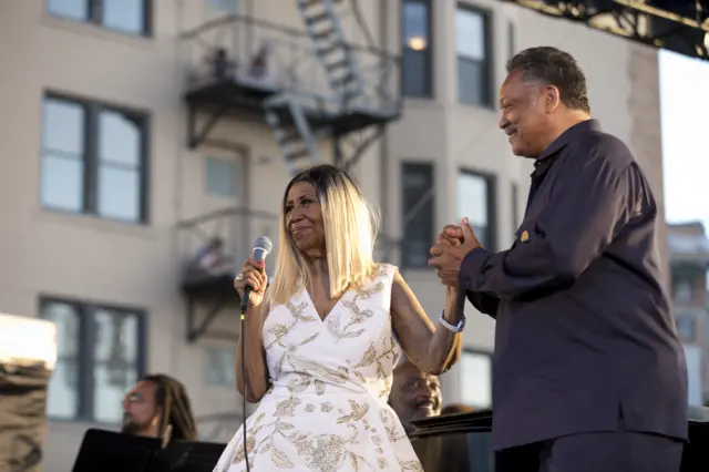 Singer Aretha Franklin (L) and Reverend Jesse Jackson (R) during the 2017 Detroit Music Weekend on June 9, 2017 i