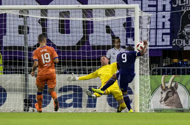 Allan McGregor stops a close-range shot from Marcos Tavares