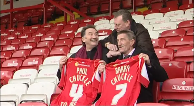 Paul and Barry with Rotherham United shirts