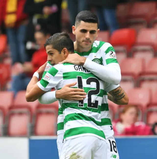 Celtic's Cristian Gamboa and Tom Rogic celebrate