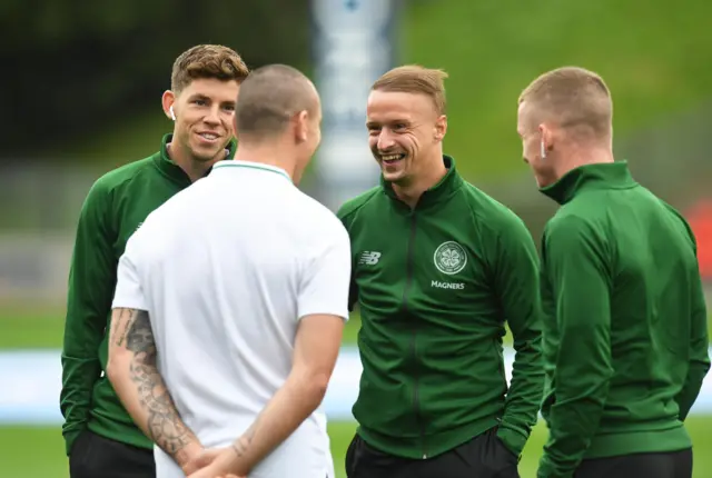 Celtic's Ryan Christie, Scott Brown, Leigh Griffiths and Jonny Hayes have a laugh at Firhill