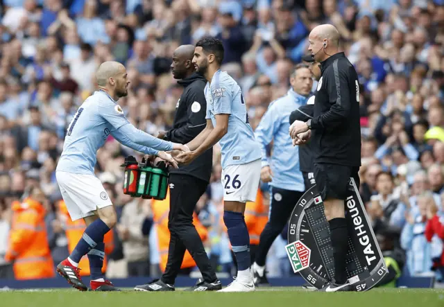 Riyad Mahrez comes on for David Silva