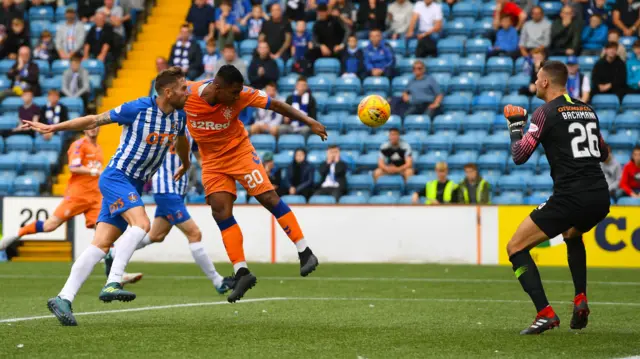 Alfredo Morelos steals a march on the Kilmarnock defence to nod in the opener