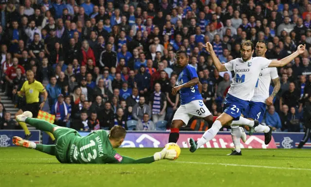 Rangers' Alfredo Morelos goes through but is denied by Marko Malenica