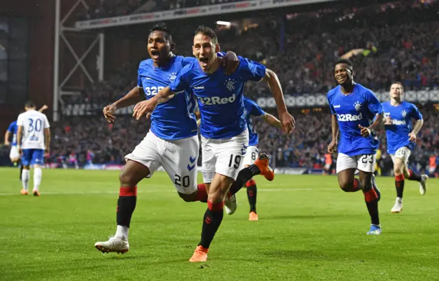 Rangers' Alfredo Morelos and Nikola Katic celebrate