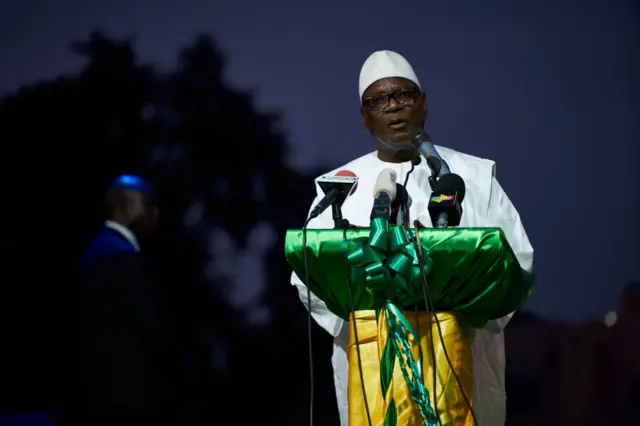 Mali's incumbent president Ibrahim Boubacar Keita addresses his supporters during his last political rally in Bamako on August 10, 2018.