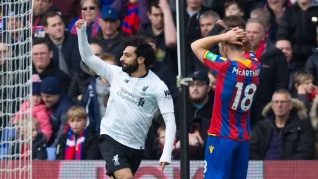 Mohamed Salah celebrates scoring against Palace last season