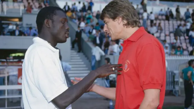 Liberian Soccer Player George Weah with coach Arsene Wenger - 1992/1993 season