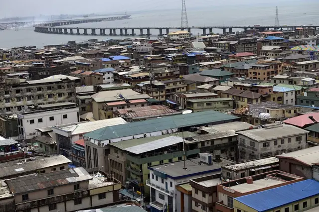 Buildings over looking the third Mainland bridge, the longest bridge in West Africa