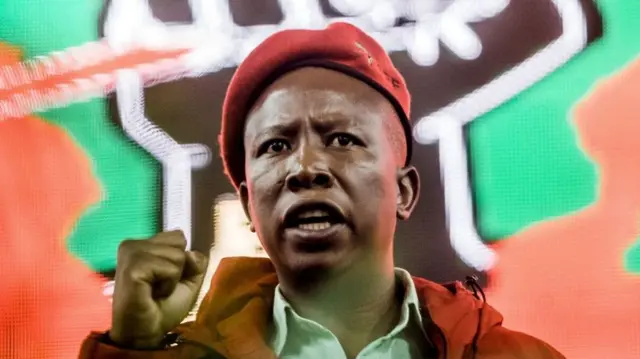 Economic Freedom Fighters (EFF) leader Julius Malema who leads the second largest opposition party adresses supporters at a mass rally held in Pietermaritzburg on August 9,201