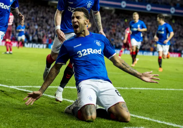 Connor Goldson celebrates his opener for Rangers