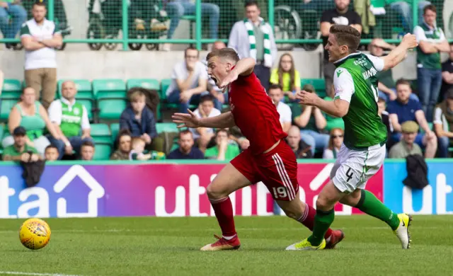 Aberdeen's Lewis Ferguson (left) appeals for a penalty after a challenge from Hibernian's Paul Hanlon