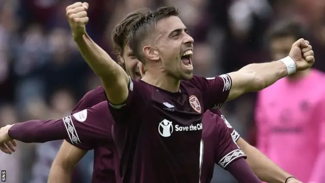 Olly Lee celebrates Hearts' victory over Celtic