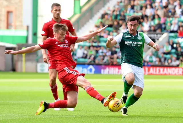 Hibernian's Stevie Mallan (right) holds off Aberdeen's Stephen Gleeson