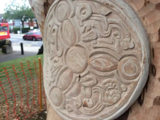 Tree with carving of a shield