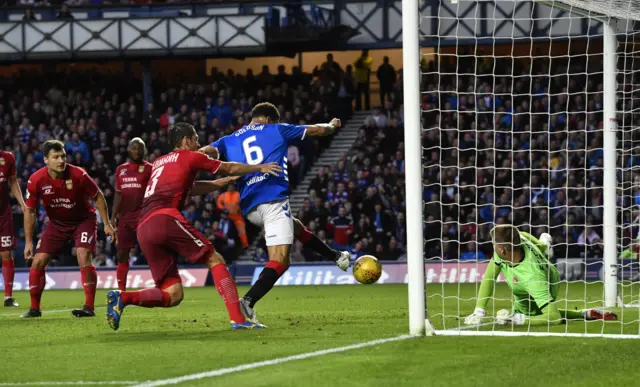 Connor Goldson shoots in the only goal at Ibrox