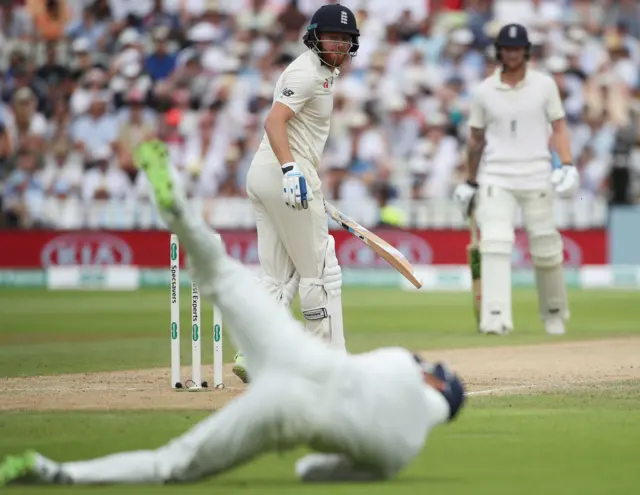 Jonny Bairstow is caught in the slips by Dhawan